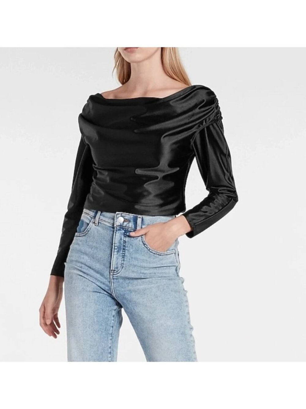 NEW Express Black Satin Draped Shoulder Top XS Elegant Cocktail Blouse